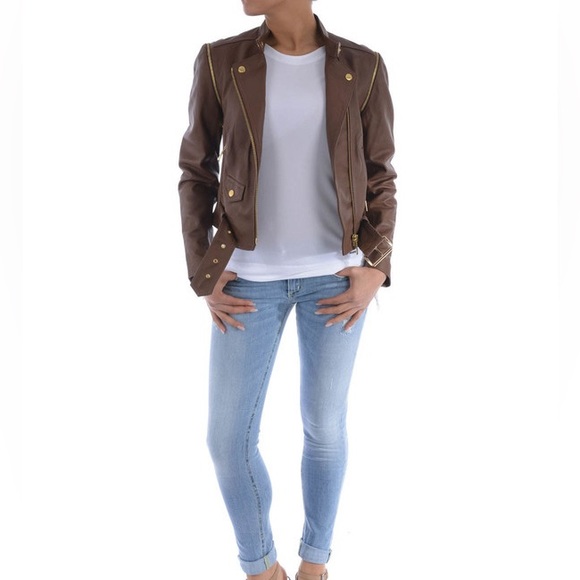 Michael Kors Biker 2 in 1 convertible vest brown leather jacket gold hardware - Picture 10 of 15